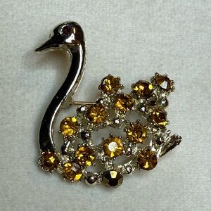 Vintage Amber Rhinestone Swan Brooch